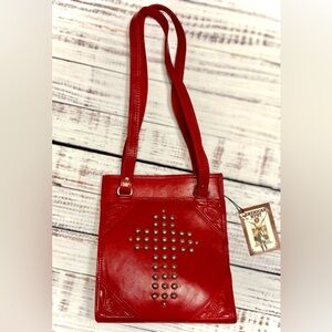 AMERICAN WEST || Vintage Leather Studded Cross Tote Shoulder Bag in Red ⭐️NWT⭐️